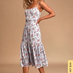 Rosetta light blue floral print ruffled midi dress